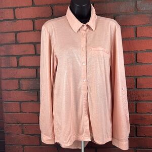 Milan Kiss Woman's Extra Large Metallic Peach Button Down Shirt – Stylish, Dress